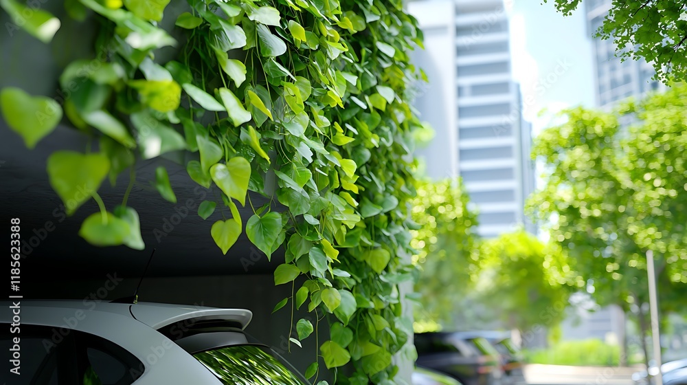 Fototapeta premium Elevated parking deck surrounded by a lush verdant display of cascading vines and foliage creating a serene and sustainable urban landscape