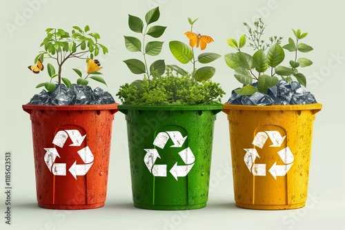 Green, red and yellow container with a white recycling symbol on them photo