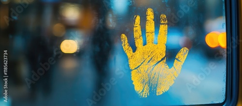 Handprint on a taxi cab door with blurred cityscape background and space for text perfect for urban themes or transportation concepts photo