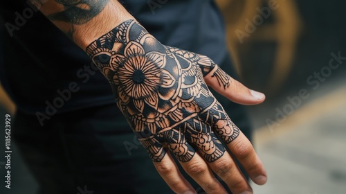 Intricate Henna Tattoo Design on Indian Man's Hand Showcasing Traditional Artistry and Cultural Heritage photo