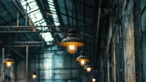 Industrial vintage hanging lamp bulbs illuminating a rustic warehouse interior showcasing grunge aesthetics and metal design elements.