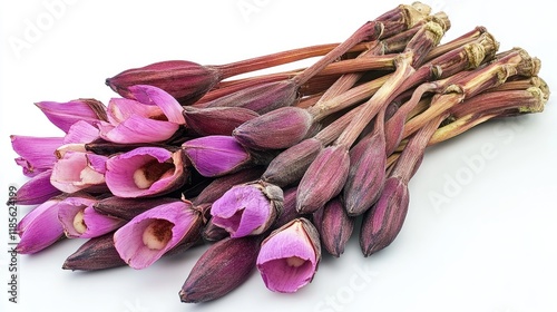 Edible purple arrowroot canna flowers showcasing vibrant colors and unique texture on a clean white background for culinary promotions