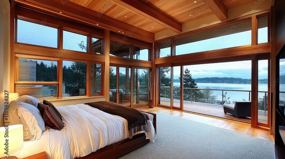 Fototapeta premium Cozy luxury bedroom with wooden accents and panoramic coastal views in a contemporary home setting