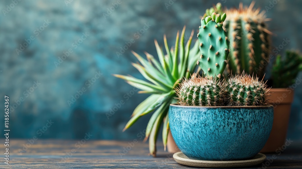 Melocactus cactus and various succulent plants displayed in colorful pots on a wooden table with a textured blue background Melocactus cactus and various succulent plants displayed in colorful pots on a wooden table with a textured blue background