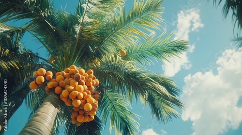 Mediterranean palm tree laden with ripe fruits under a bright blue sky with fluffy clouds depicting a tropical paradise. photo