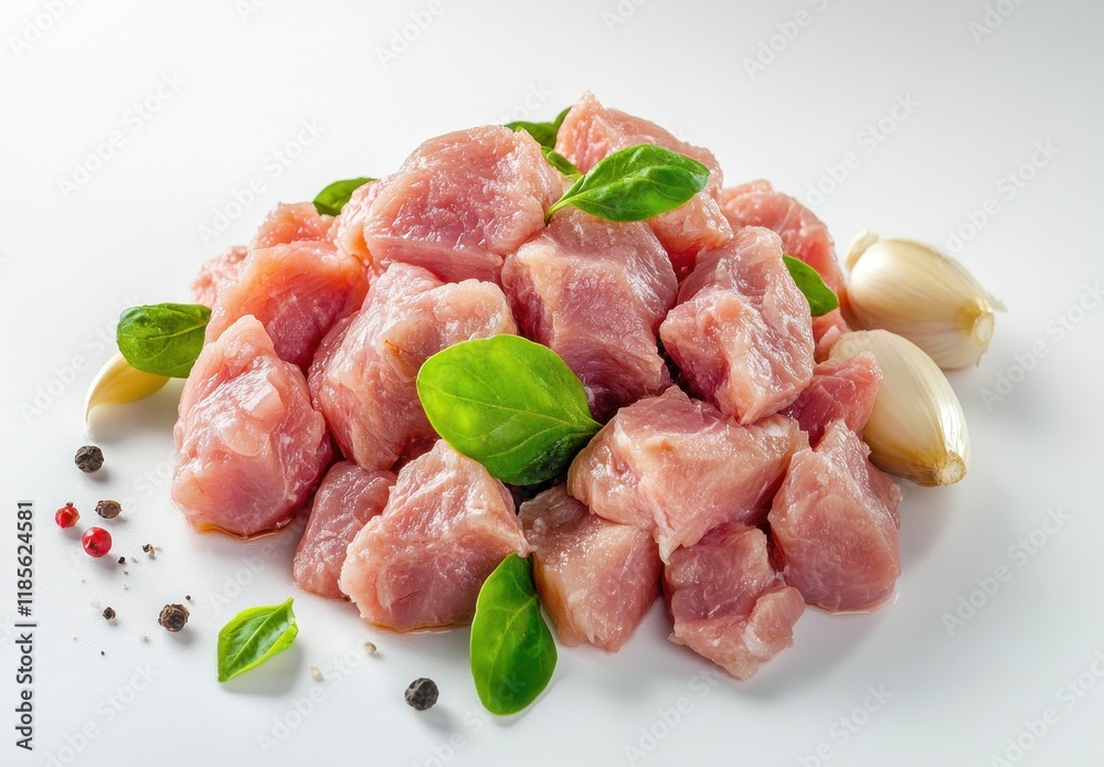 Fresh Raw Pork Cubes with Garlic and Basil Leaves on White Surface, Perfect for Cooking Delicious Meals and Creating Flavorful Recipes in the Kitchen Fresh Raw Pork Cubes with Garlic and Basil Leaves on White Surface, Perfect for Cooking Delicious Meals and Creating Flavorful Recipes in the Kitchen