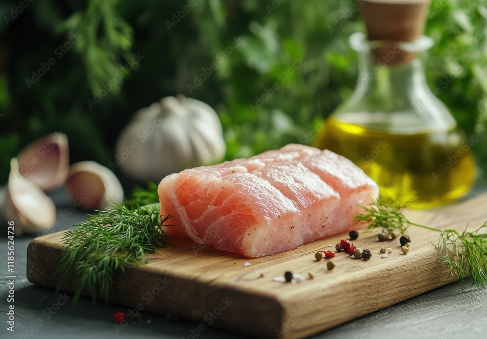 Fresh raw pork fillet on a wooden cutting board with herbs, garlic, and olive oil in the background, showcasing a healthy cooking ingredient and culinary preparation Fresh raw pork fillet on a wooden cutting board with herbs, garlic, and olive oil in the background, showcasing a healthy cooking ingredient and culinary preparation