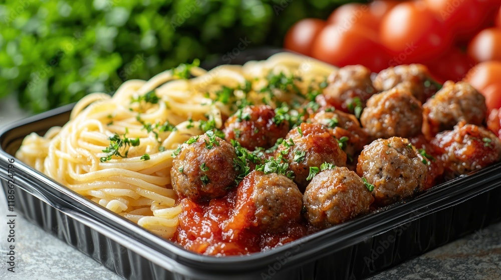 Close-up of Spaghetti and Meatballs in a Takeout Container Close-up of Spaghetti and Meatballs in a Takeout Container
