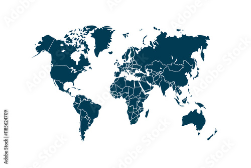 Fototapeta Naklejka Na Ścianę i Meble -  A deep blue world map with outlined countries emphasizes geographical boundaries, blending modern design with a global perspective, isolated on a transparent background