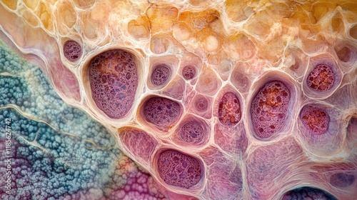 Microscopic view of hard bone transverse ground section showcasing intricate cellular structures and vibrant coloration. photo