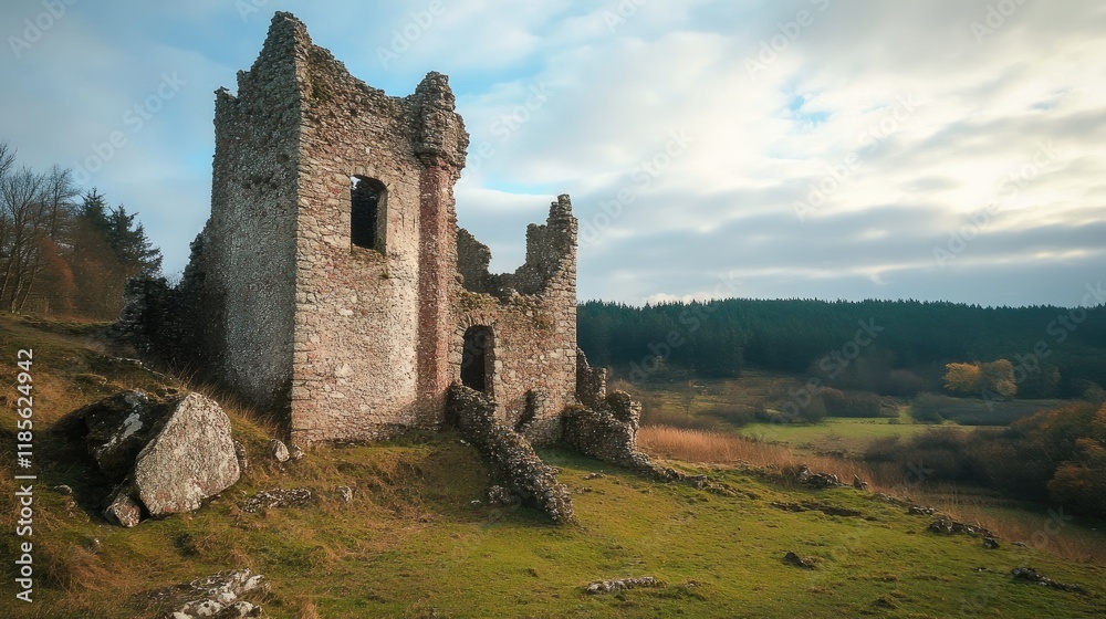 Ancient stone ruins of a medieval castle surrounded by lush greenery and scenic landscapes under a cloudy sky Ancient stone ruins of a medieval castle surrounded by lush greenery and scenic landscapes under a cloudy sky