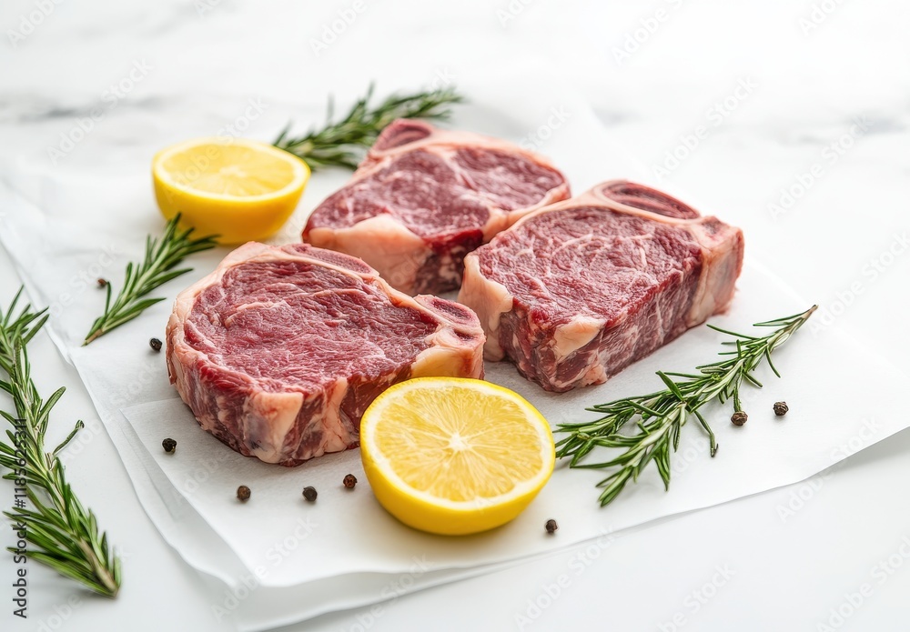 Fresh Raw Ribeye Steak Cuts with Lemon Slices and Rosemary Sprigs on a Marble Countertop for Culinary and Food Photography Fresh Raw Ribeye Steak Cuts with Lemon Slices and Rosemary Sprigs on a Marble Countertop for Culinary and Food Photography