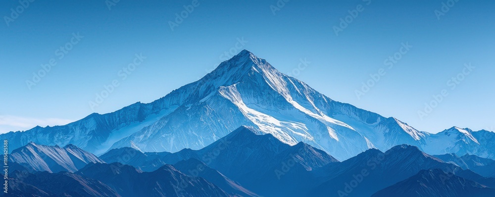 Fototapeta premium Simple mountain range concept. Majestic snow-capped mountain against a clear blue sky.
