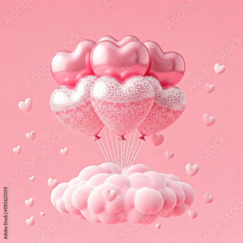 Valentine's Day background, heart shaped balloons and clouds.