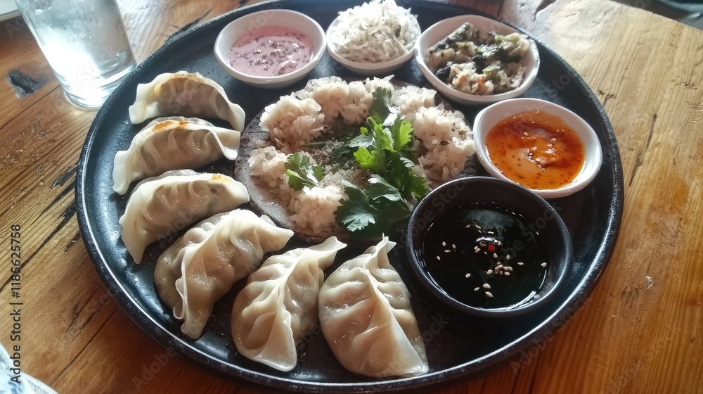 An overhead view of a plate filled with gyoza, arranged in a circular pattern, accompanied by small bowls of dipping sauces and garnished with cilantro. An overhead view of a plate filled with gyoza, arranged in a circular pattern, accompanied by small bowls of dipping sauces and garnished with cilantro.