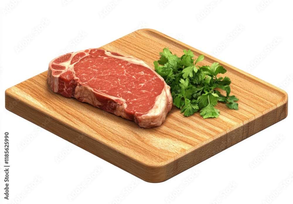 Fresh Raw Ribeye Steak on Wooden Cutting Board with Sprigs of Fresh Green Cilantro Ready for Cooking and Culinary Preparations in a Kitchen Setting Fresh Raw Ribeye Steak on Wooden Cutting Board with Sprigs of Fresh Green Cilantro Ready for Cooking and Culinary Preparations in a Kitchen Setting