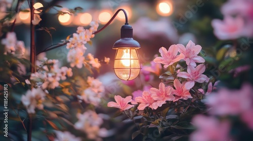 Vintage outdoor light illuminating a serene pink flower garden during twilight creating a warm and inviting atmosphere. photo