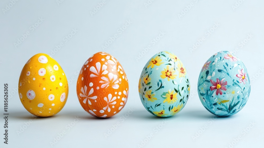 Fototapeta premium Colorful painted Easter eggs arranged in a row on a light blue background showcasing intricate floral and dotted designs for spring festivities.