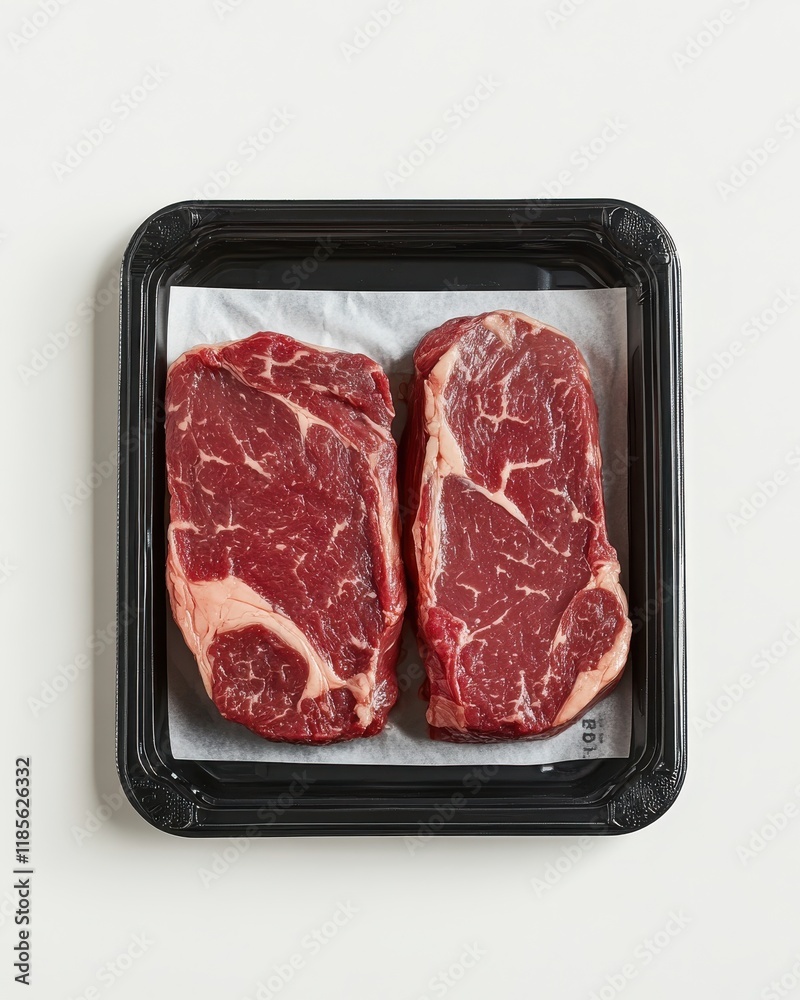 Fresh Raw Ribeye Steaks on White Background in Packaging, Perfect for Gourmet Cooking and Meal Preparation with High-Quality Meat Cuts Fresh Raw Ribeye Steaks on White Background in Packaging, Perfect for Gourmet Cooking and Meal Preparation with High-Quality Meat Cuts