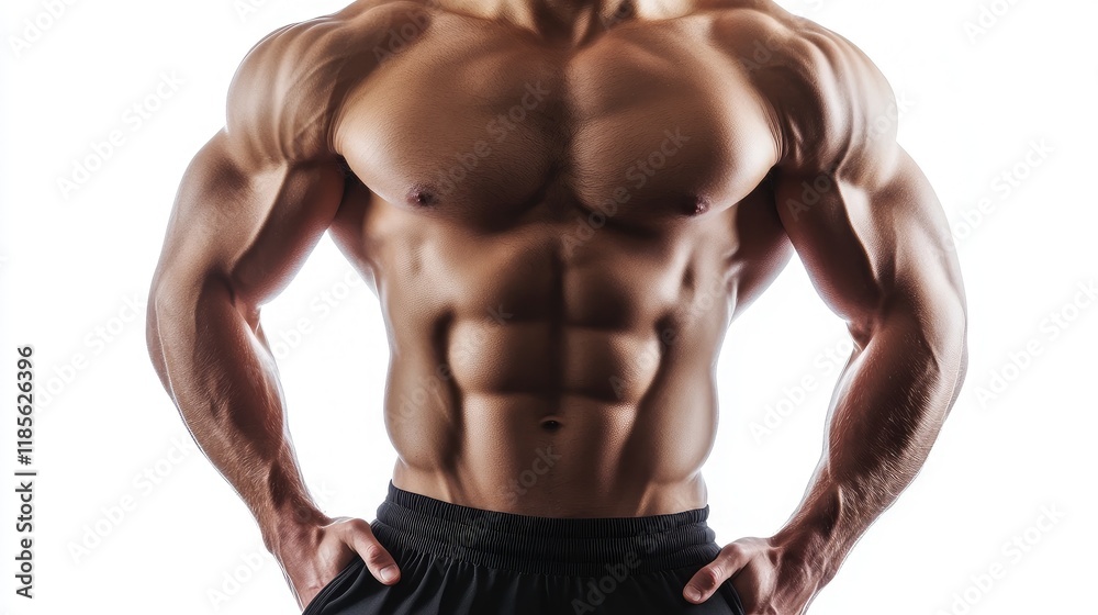 Fototapeta premium Muscular male torso showcasing definition and strength isolated on white background for fitness and health related themes.