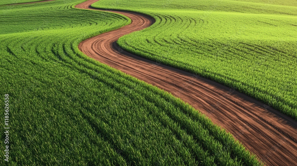 Winding Path Through Lush Green Fields Under Clear Blue Sky Winding Path Through Lush Green Fields Under Clear Blue Sky