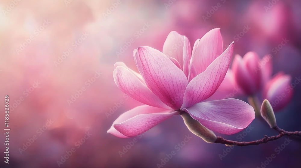 Fototapeta premium Delicate pink magnolia blossoms in soft spring light with blurred background showcasing nature's beauty and tranquility.