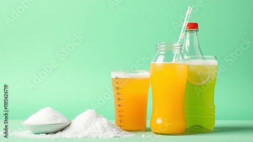 A close-up image of sodas with price tags indicating an additional sugar tax, surcharge, sugar tax, sugary beverages