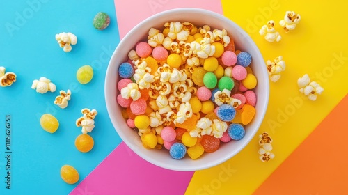 Colorful Bowl of Rainbow Candy and Kettle Corn on Vibrant Background Perfect for Fun Treats and Celebrations photo