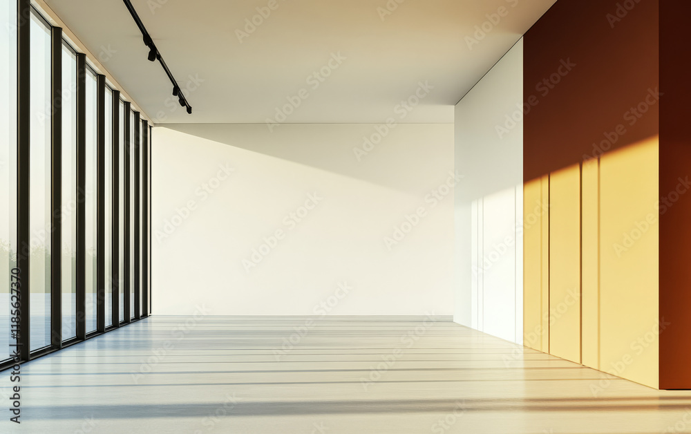 Obraz premium Bright and spacious interior with large windows at sunset casting shadows on smooth floor
