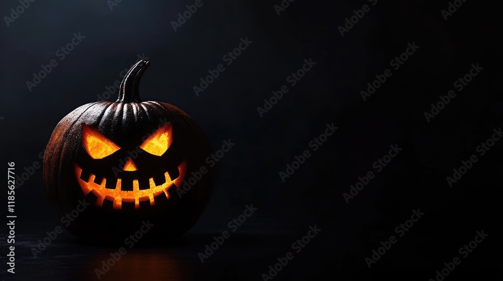 Naklejka premium Halloween Pumpkin with Spooky Face Illuminated in Darkness for Festive Party Invitations Greeting Cards and Social Media Posts