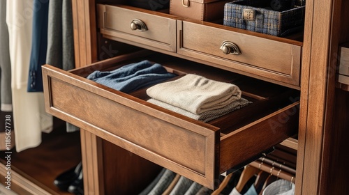 Wooden drawer in spacious walk-in closet showcasing neatly folded clothes and organized storage solutions for an orderly space photo