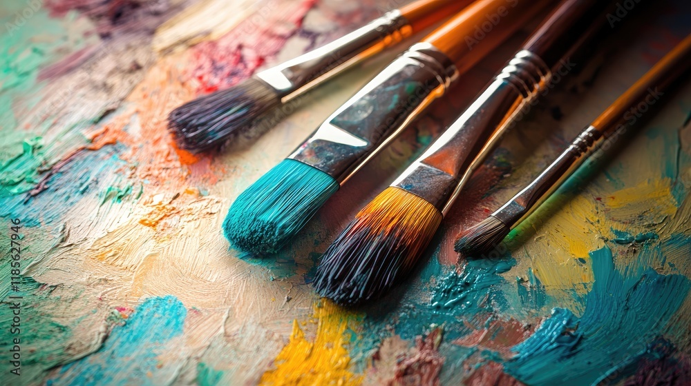 Fototapeta premium Artistic paint brushes with vibrant colors on a textured palette surface ideal for showcasing creativity and artistic endeavors