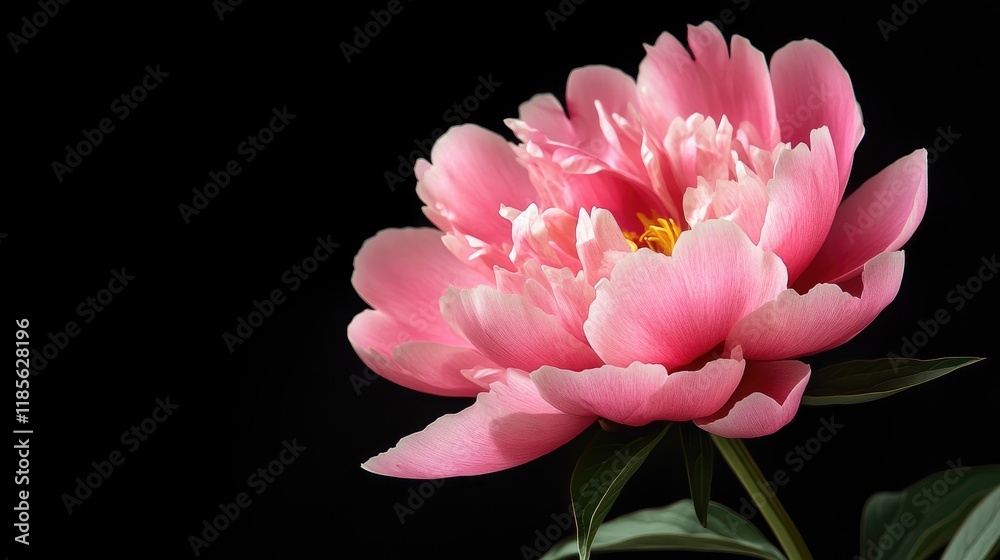 Obraz premium Delicate pink peony bloom captured against a dark background showcasing its vibrant petals and lush green leaves.