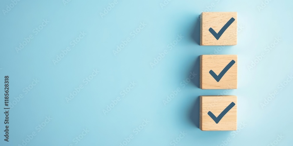 Three wooden blocks with a blue check mark on them Three wooden blocks with a blue check mark on them