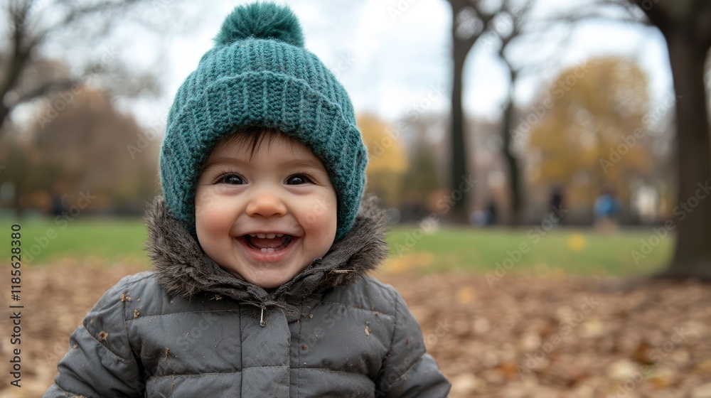 Joyful toddler wearing a green beanie smiling in a park surrounded by autumn leaves on a chilly day Joyful toddler wearing a green beanie smiling in a park surrounded by autumn leaves on a chilly day