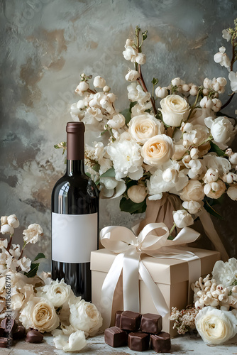 Still life. On a blurred textured background, a bouquet of flowers, a gift box and a bottle of wine with a white blank label