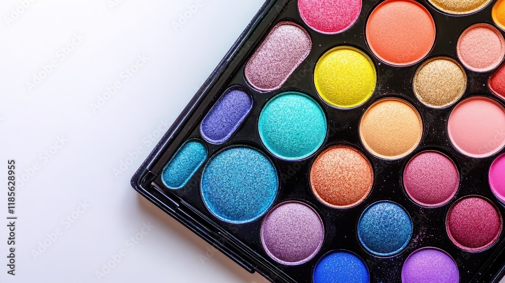 Vibrant Rainbow Eyeshadow Palette with Diverse Color Shades on Clean White Background Vibrant Rainbow Eyeshadow Palette with Diverse Color Shades on Clean White Background