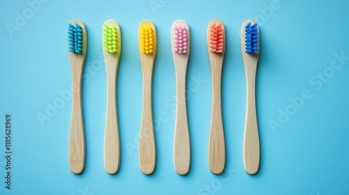 Colorful eco-friendly toothbrushes arranged on a blue background promoting sustainable oral hygiene practices for a modern lifestyle