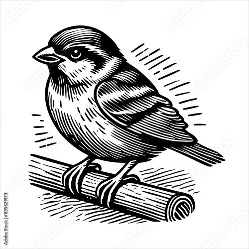 sparrow on branch wood sketch engraving black and white outline. Scratch board imitation.