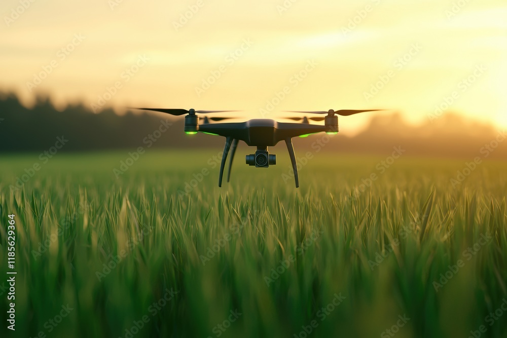 Drone in Flight Above Lush Green Field During Golden Hour Drone in Flight Above Lush Green Field During Golden Hour