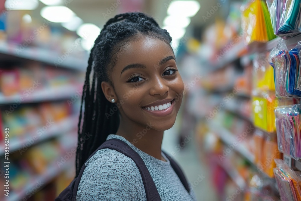 Smiling mother shopping school supplies at store. Generative AI Smiling mother shopping school supplies at store. Generative AI
