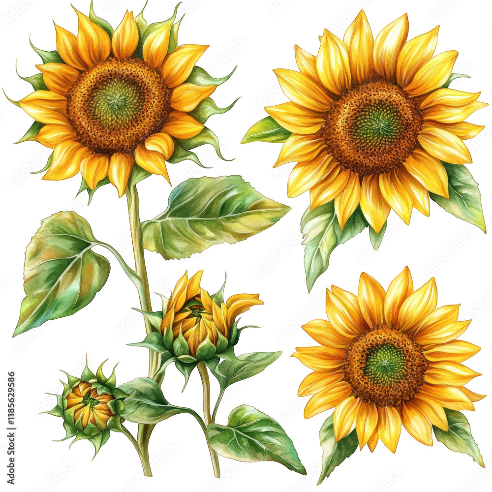Obraz premium Vibrant Sunflowers Blooming Flowers Summer Botany Watercolor Painting