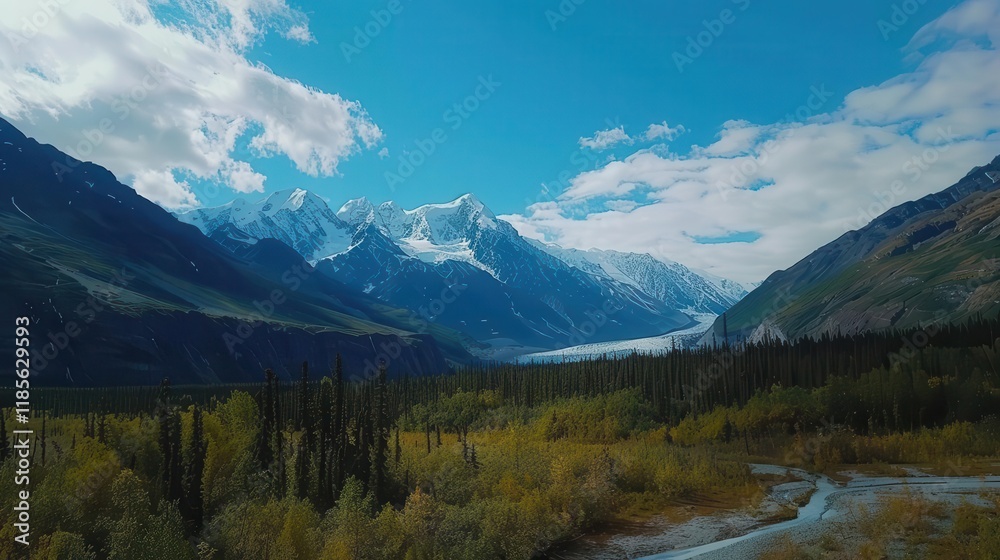 A breathtaking landscape featuring mountains, a river, and vibrant autumn foliage under a blue sky. A breathtaking landscape featuring mountains, a river, and vibrant autumn foliage under a blue sky.