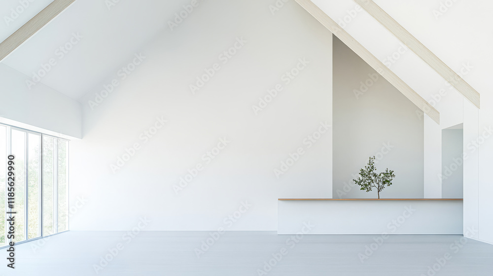 Fototapeta premium Minimalist interior design featuring a single tree in a spacious room with large windows