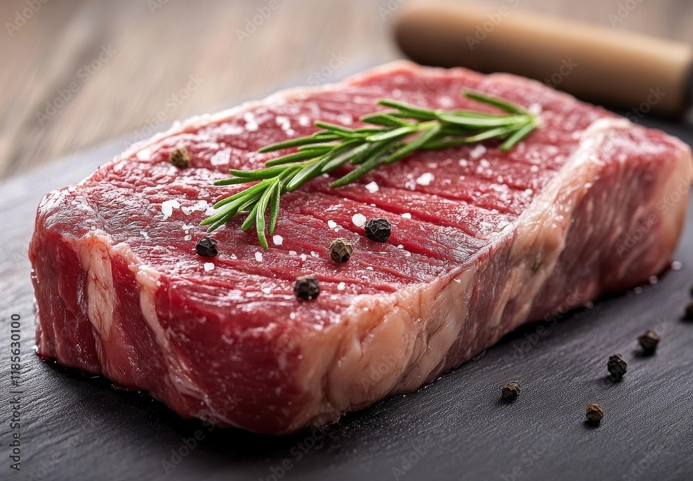 Fresh uncooked beef steak with seasonal spices and herbs on a dark wooden surface, showcasing rich red meat texture and culinary potential for gourmet dishes. Fresh uncooked beef steak with seasonal spices and herbs on a dark wooden surface, showcasing rich red meat texture and culinary potential for gourmet dishes.