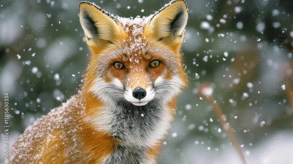 Red fox close-up in a snowy forest setting showcasing winter wildlife and natural beauty with snowflakes falling around. Red fox close-up in a snowy forest setting showcasing winter wildlife and natural beauty with snowflakes falling around.