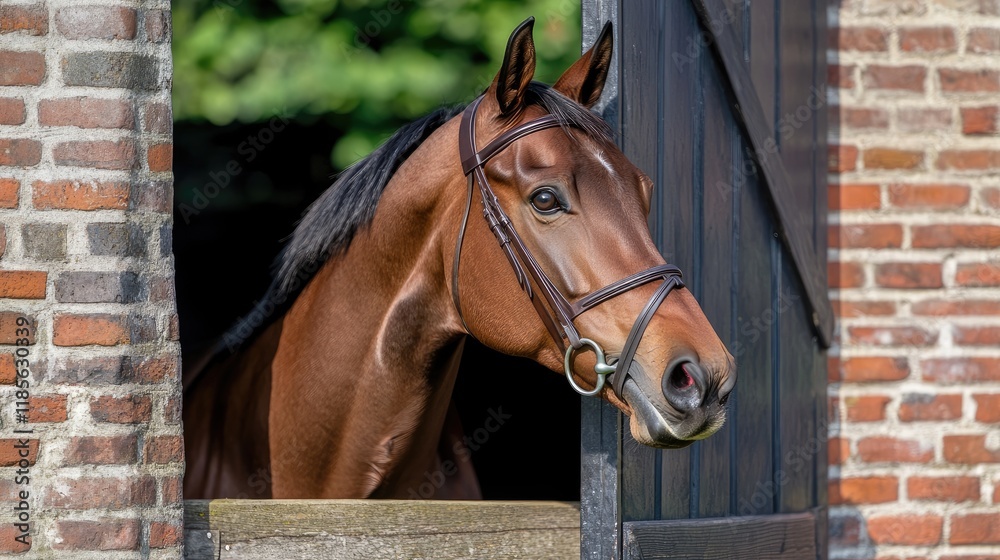 Fototapeta premium Racehorse gazing curiously through a stable door framed by rustic brick walls in a vibrant outdoor setting.