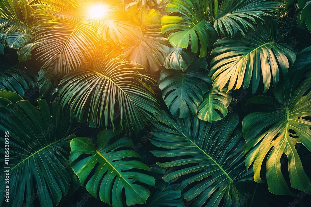 A vibrant display of lush green tropical leaves illuminated by sunlight.