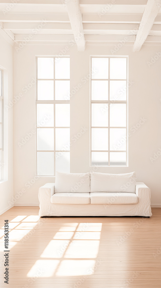Fototapeta premium Bright and airy living room with white sofa and large windows during daylight hours
