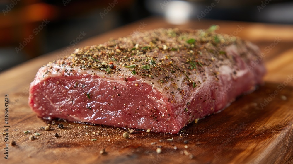 Raw pork loin on wooden cutting board seasoned with pepper and oregano for culinary preparation and fresh cooking inspiration Raw pork loin on wooden cutting board seasoned with pepper and oregano for culinary preparation and fresh cooking inspiration
